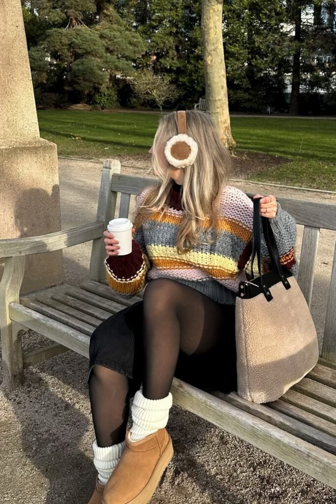 Multi-Color Striped Knit Sweater + Black Denim Mini Skirt + Black Tights + Tan Platform Boots + Shearling Earmuffs + Teddy Fleece Tote Bag