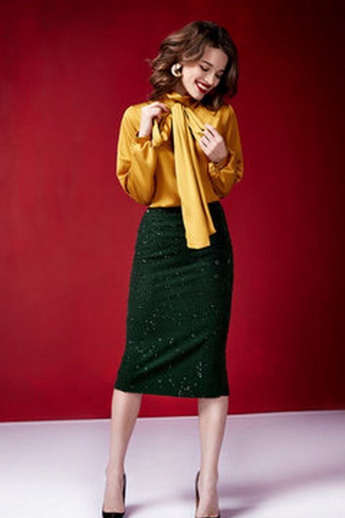 Mustard Yellow Bow Blouse and Green Sequin Pencil Skirt