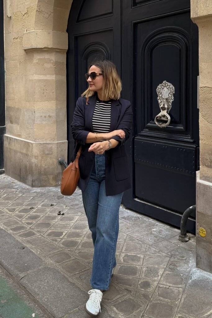 Navy Blazer + Striped T-shirt + Straight-leg Jeans + White Sneakers