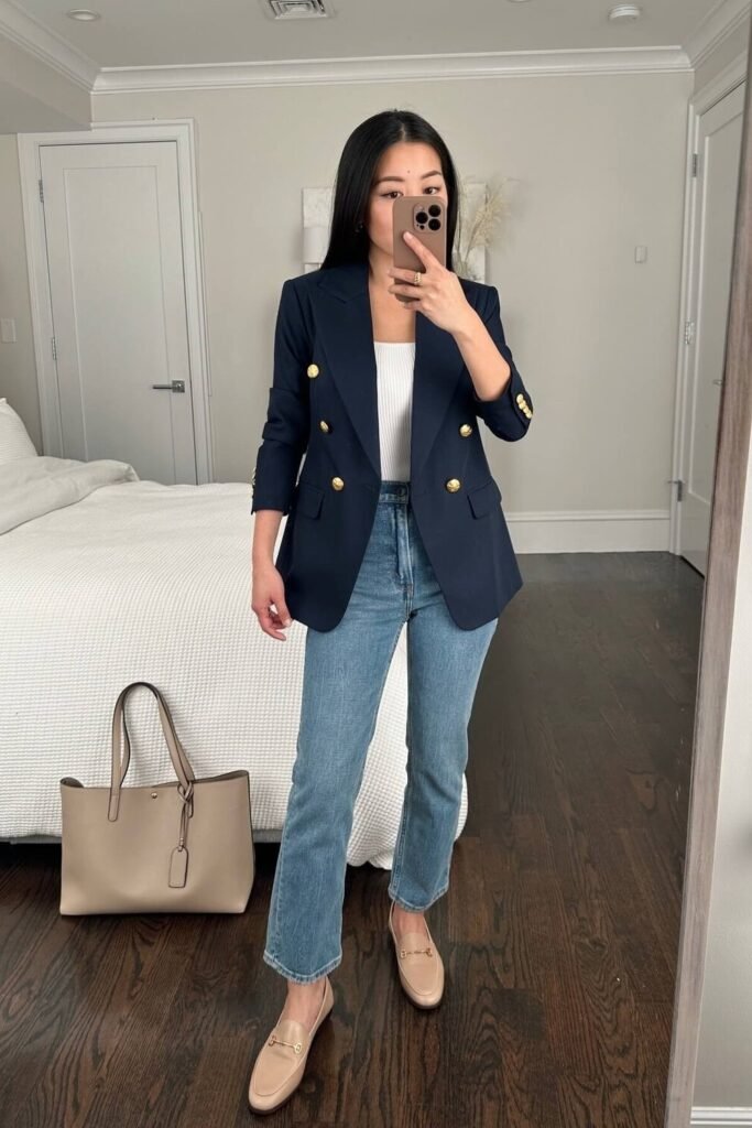 Navy Blue Double-Breasted Blazer with Gold Buttons + White Tank Top + Light Wash Straight Leg Jeans + Nude Loafers + Taupe Tote Bag