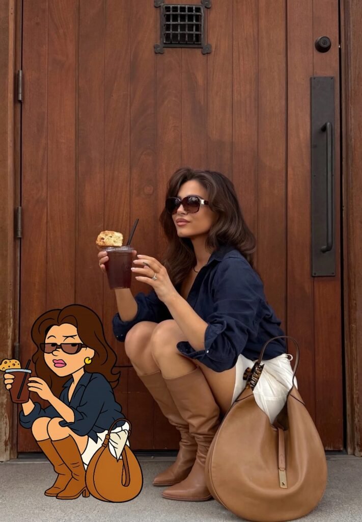 Navy Button-Up Shirt + White Mini Skirt + Camel Knee-High Boots + Oversized Tan Bag + Sunglasses