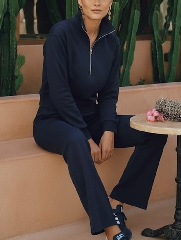 Navy Half-Zip Sweatshirt + Matching Navy Flared Pants + Navy Sneakers