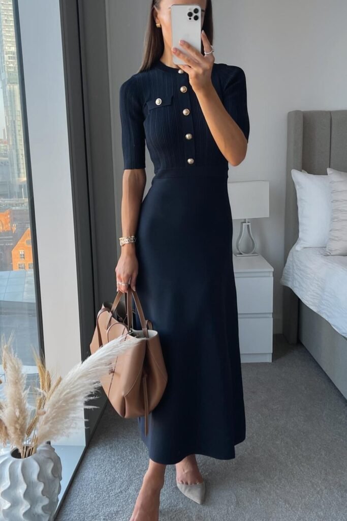 Navy Knit Top (with Gold Buttons) + Matching Navy Knit Midi Skirt + Nude Heels