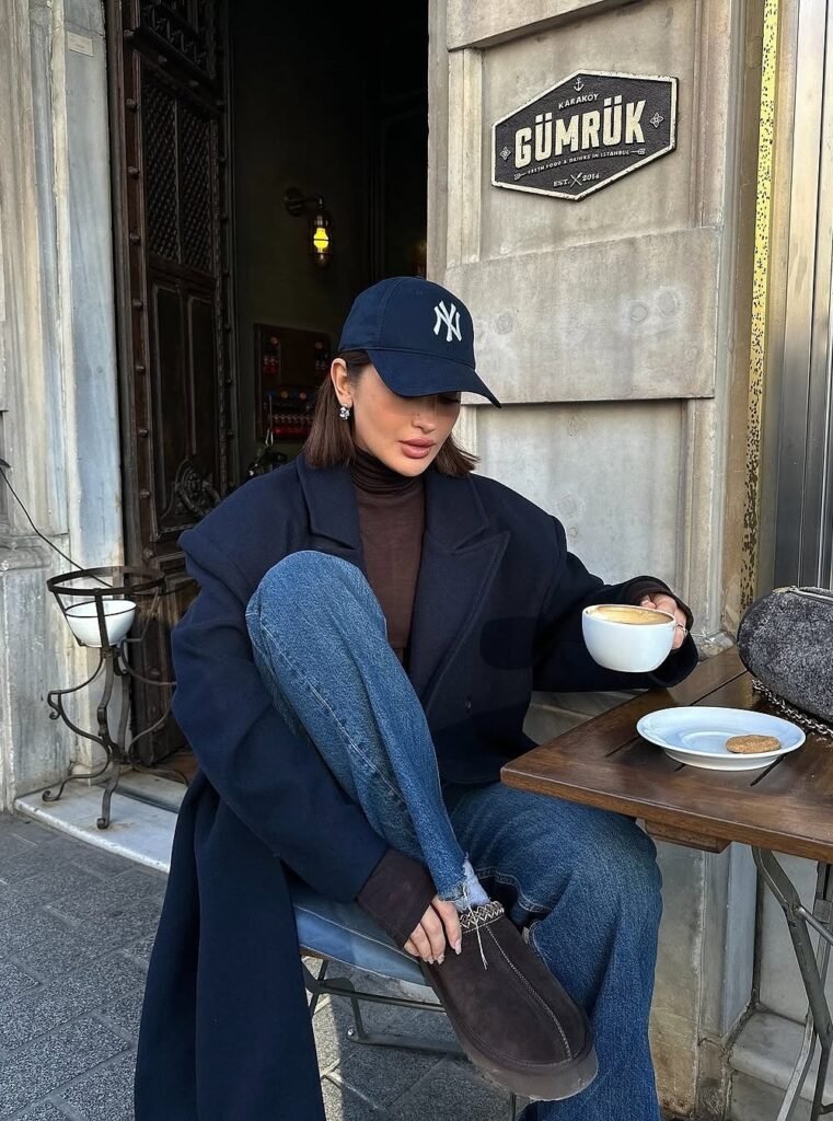 Navy Oversized Coat + Brown Turtleneck + Blue Wide-Leg Jeans + Dark Brown Suede Moccasins + Navy Baseball Cap