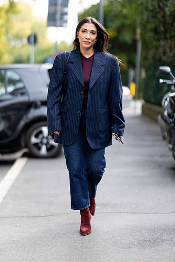 Navy Pinstripe Blazer + Burgundy Top + Dark Wash Straight-leg Jeans + Burgundy Boots