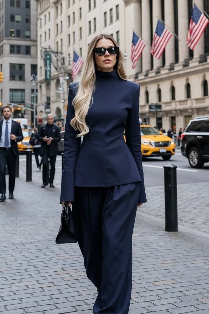 Navy Structured Top + Navy Wide-Leg Trousers + Black Pointed Boots + Black Clutch Bag