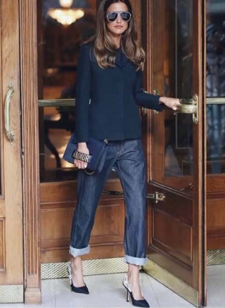 Navy Tailored Blazer + Cuffed Dark Wash Jeans + Black Slingback Heels