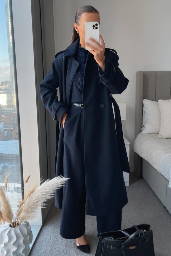 Navy Trench Coat + Navy Lace Top + Navy Wide-Leg Trousers