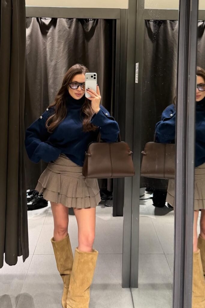 Navy Turtleneck Sweater + Brown Plaid Ruffle Mini Skirt + Tan Suede Knee-High Boots