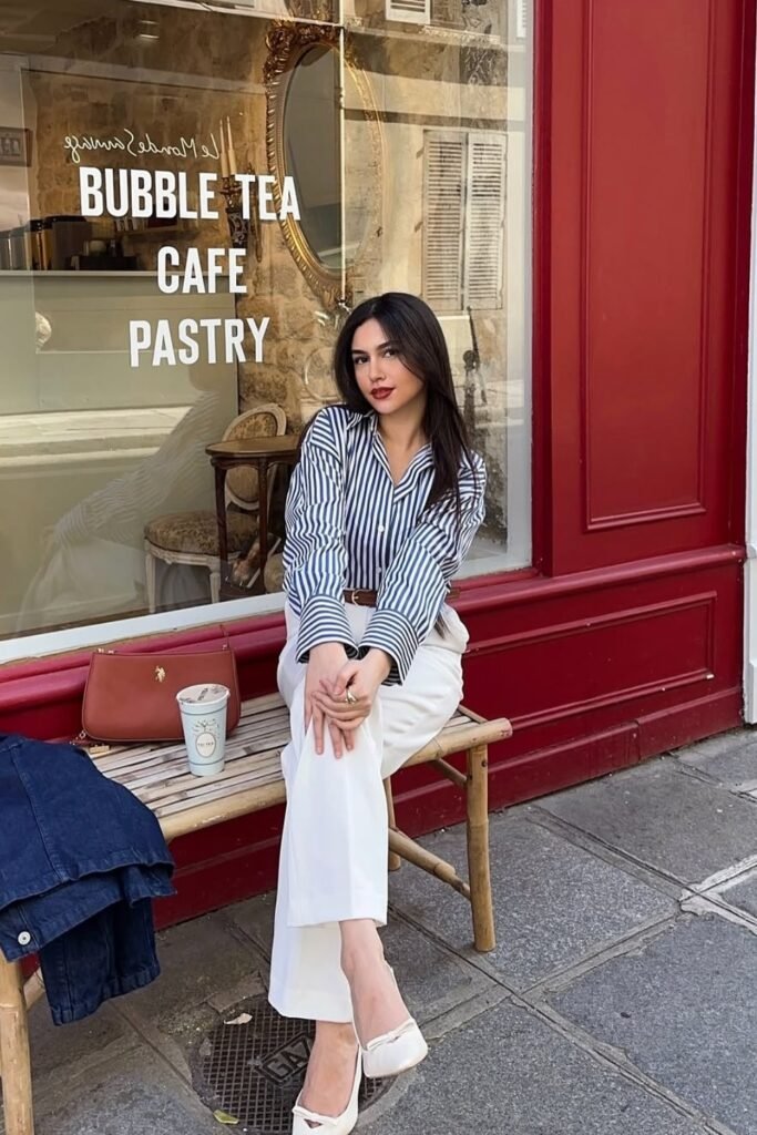 Navy and White Striped Button-Up Shirt + White Wide-Leg Trousers + Brown Belt + White Heels