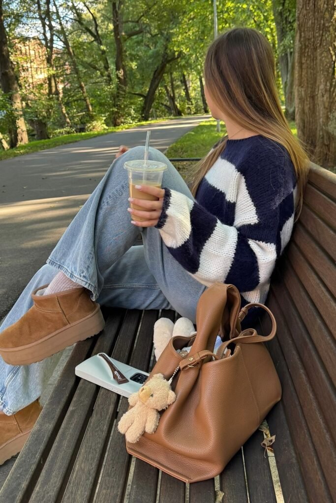 Navy and White Striped Sweater + Light Wash Jeans + Brown Platform Boots