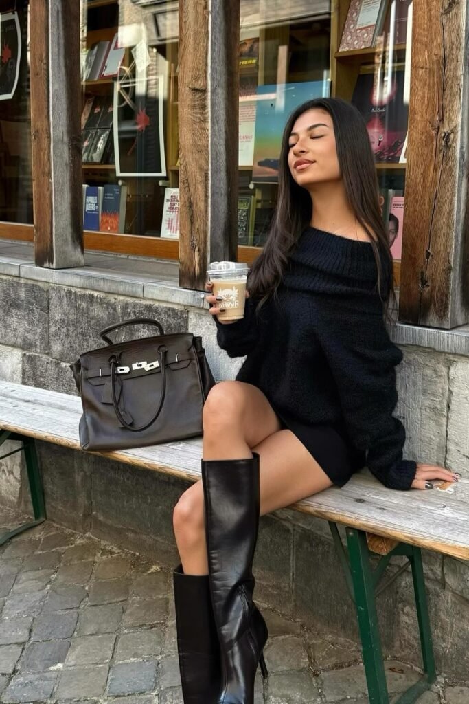 Off-Shoulder Black Knit Sweater + Black Mini Skirt + Black Knee-High Boots