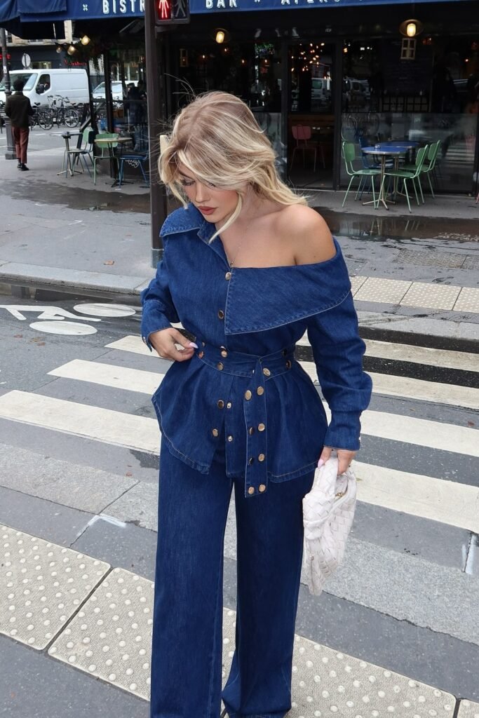 Off-Shoulder Denim Jacket with Gold Button Details + Matching High-Waisted Denim Pants + White Woven Clutch
