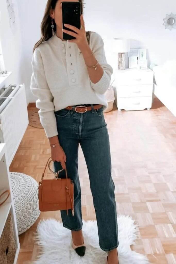 Off-White Button-Front Sweater + Dark Wash Jeans + Brown Belt + Two-Tone Heels