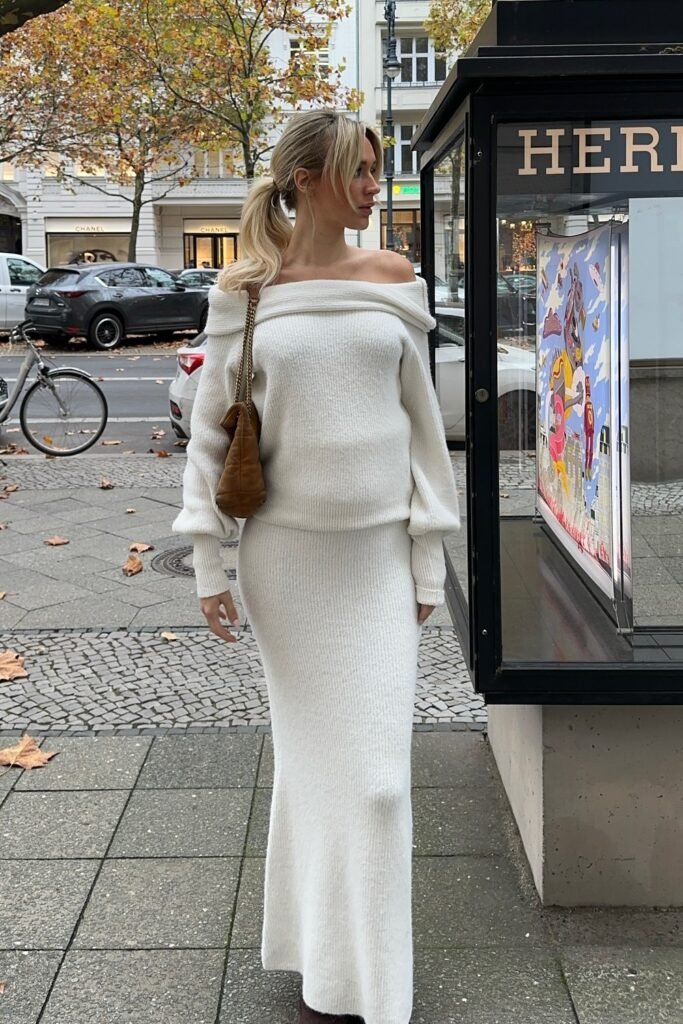 Off-White Off-the-Shoulder Knit Sweater and Knit Maxi Skirt + Suede Shoulder Bag