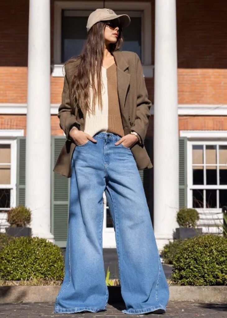 Olive Green Blazer + Two-Tone Knit Sweater + Dark Wash Wide Leg Jeans + Beige Baseball Cap
