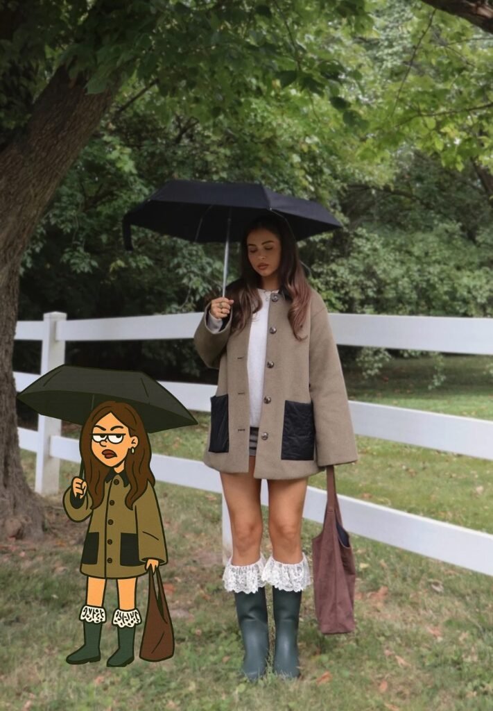 Olive Green Coat with Black Pockets + Grey Sweatshirt + Plaid Mini Skirt + Green Rain Boots with Lace Socks + Brown Tote + Umbrella