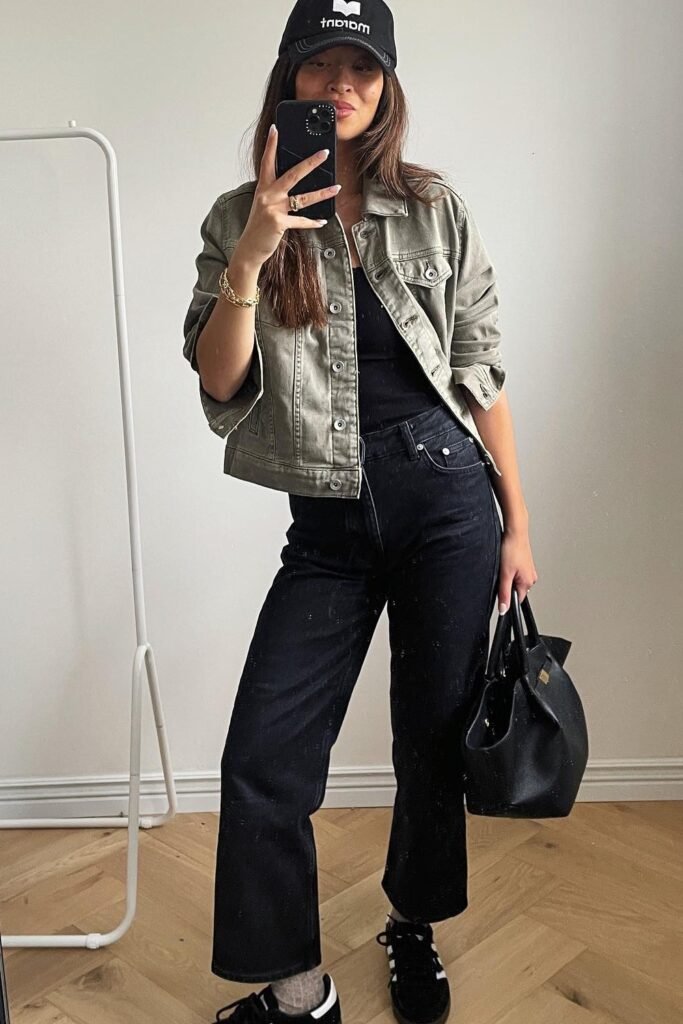 Olive Green Denim Jacket + Black Tank Top + Black Straight-leg Jeans + Black Sneakers
