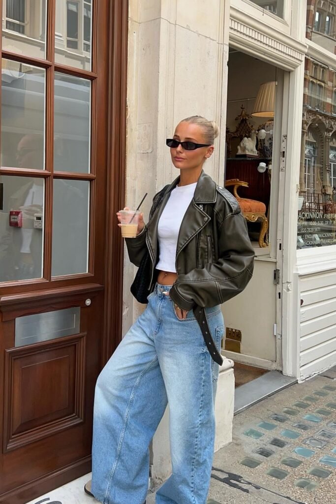 Olive Green Leather Moto Jacket + Light Wash Baggy Jeans + White Crop Top