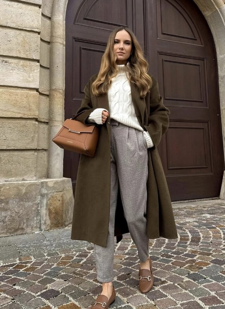 Olive Green Overcoat + Cream Cable Knit Sweater + Gray Tailored Pants + Brown Loafers