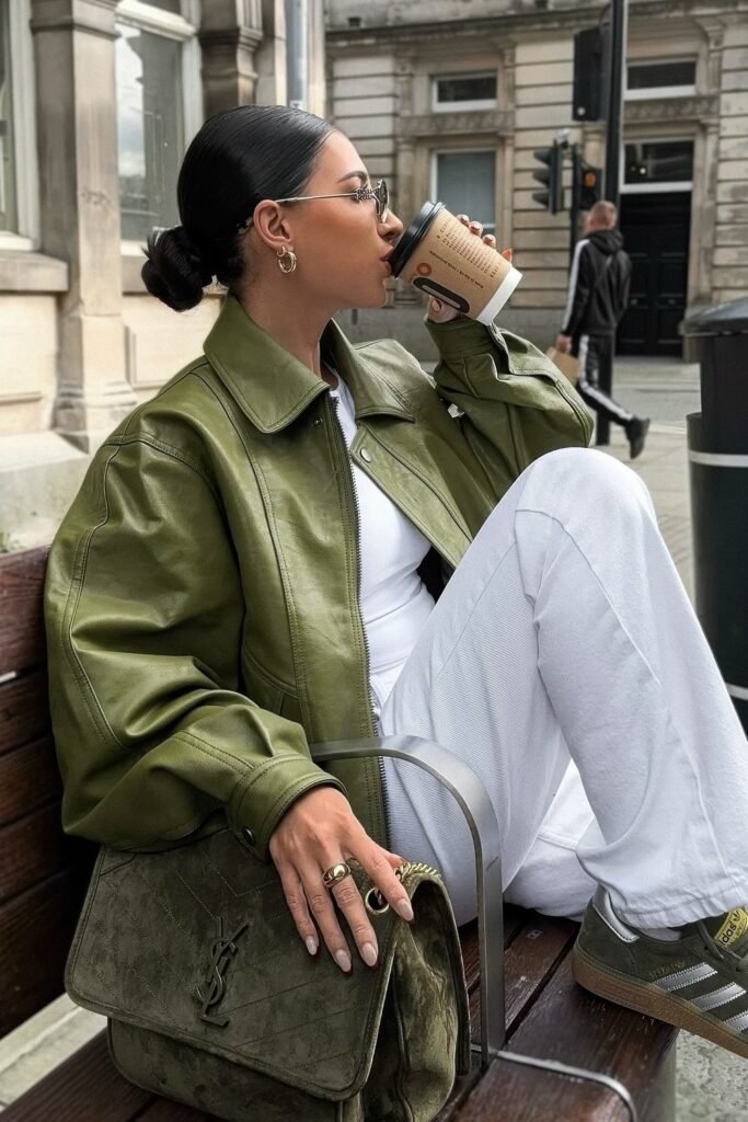Olive Green Oversized Leather Jacket + White Ribbed Top + White Wide-Leg Trousers + Olive Suede Sneakers