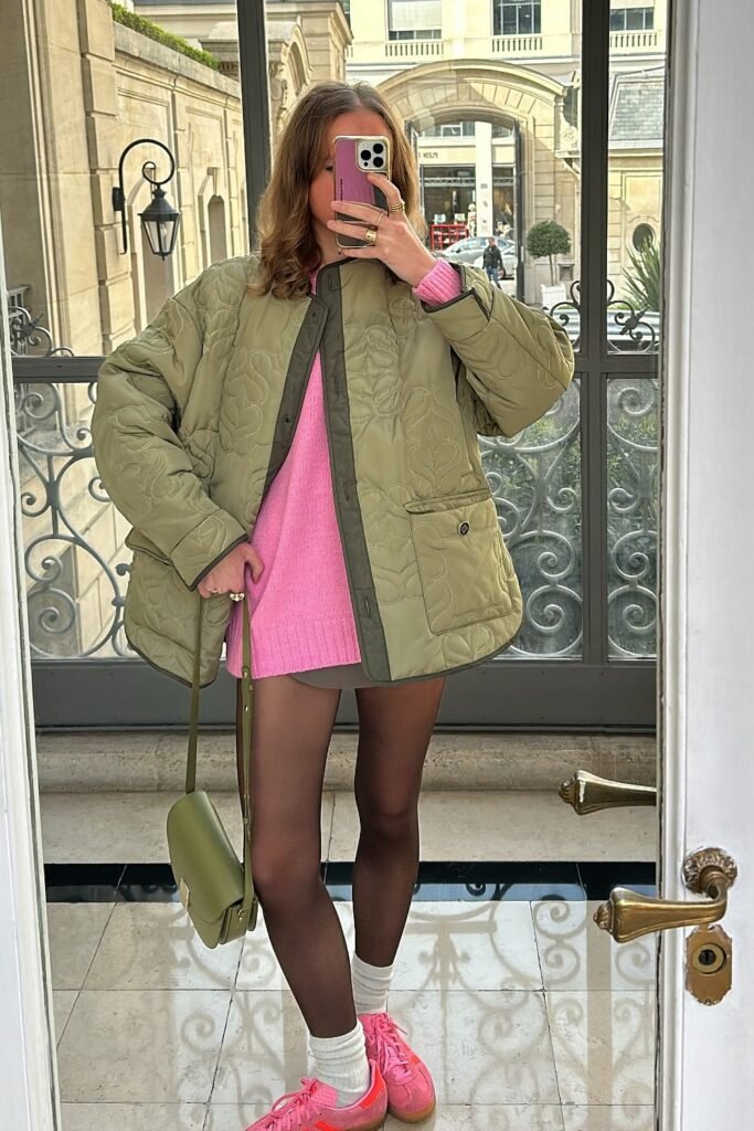 Olive Green Quilted Jacket + Hot Pink Knit Sweater Dress + Black Tights + Pink Sneakers