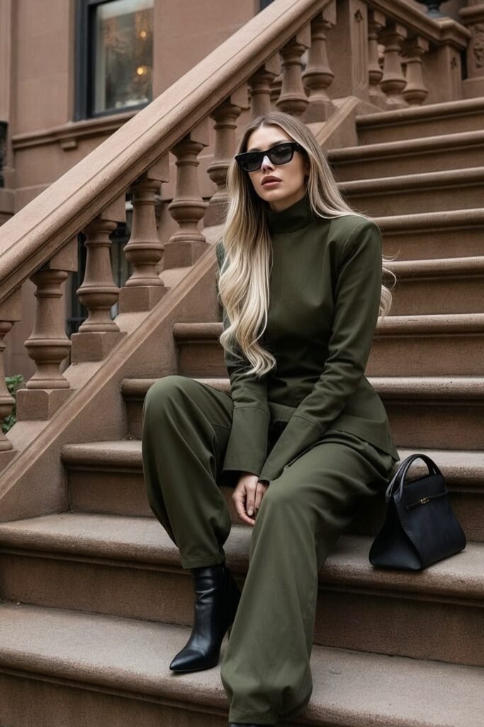 Olive Green Structured Top + Olive Green Wide-Leg Trousers + Black Pointed Boots + Black Handbag