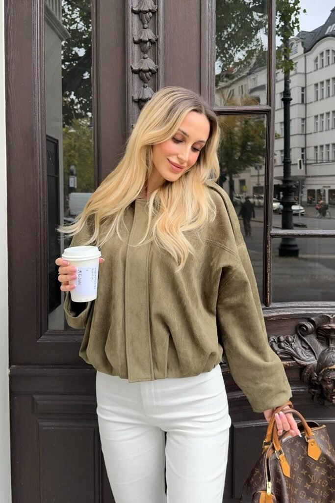 Olive Green Suede-Look Bomber Jacket + White High-Waist Trousers