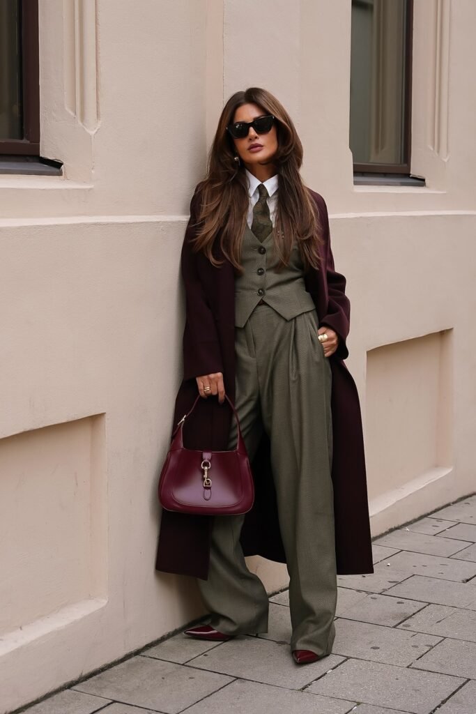 Olive Green Suit Set + White Shirt + Olive Tie + Burgundy Overcoat + Burgundy Handbag + Burgundy Heels