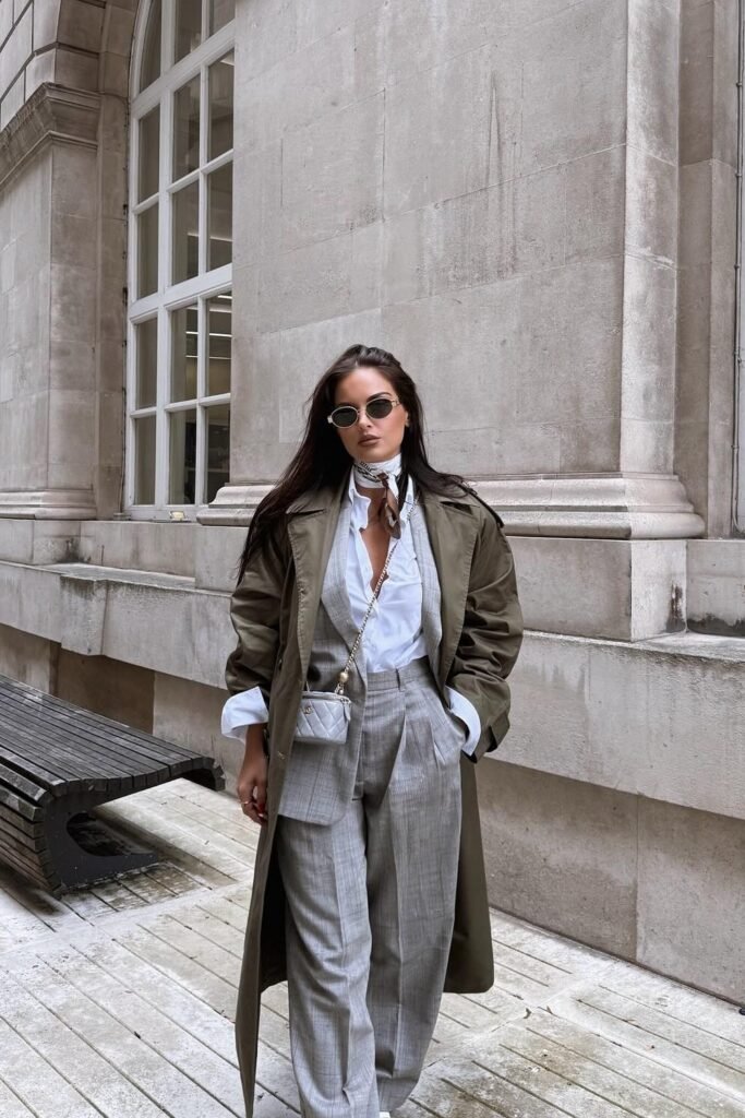 Olive Green Trench Coat + Grey Plaid Suit Vest + White Button-Down Shirt + Grey Plaid Wide-Leg Trousers