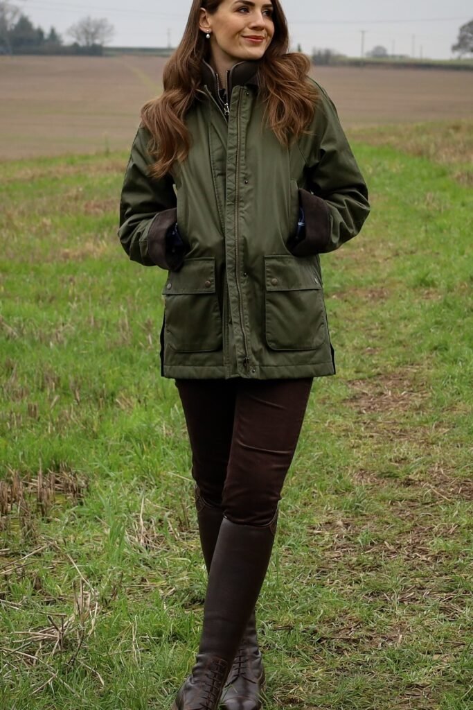 Olive Green Waxed Field Jacket + Brown Corduroy Pants + Dark Brown Leather Riding Boots