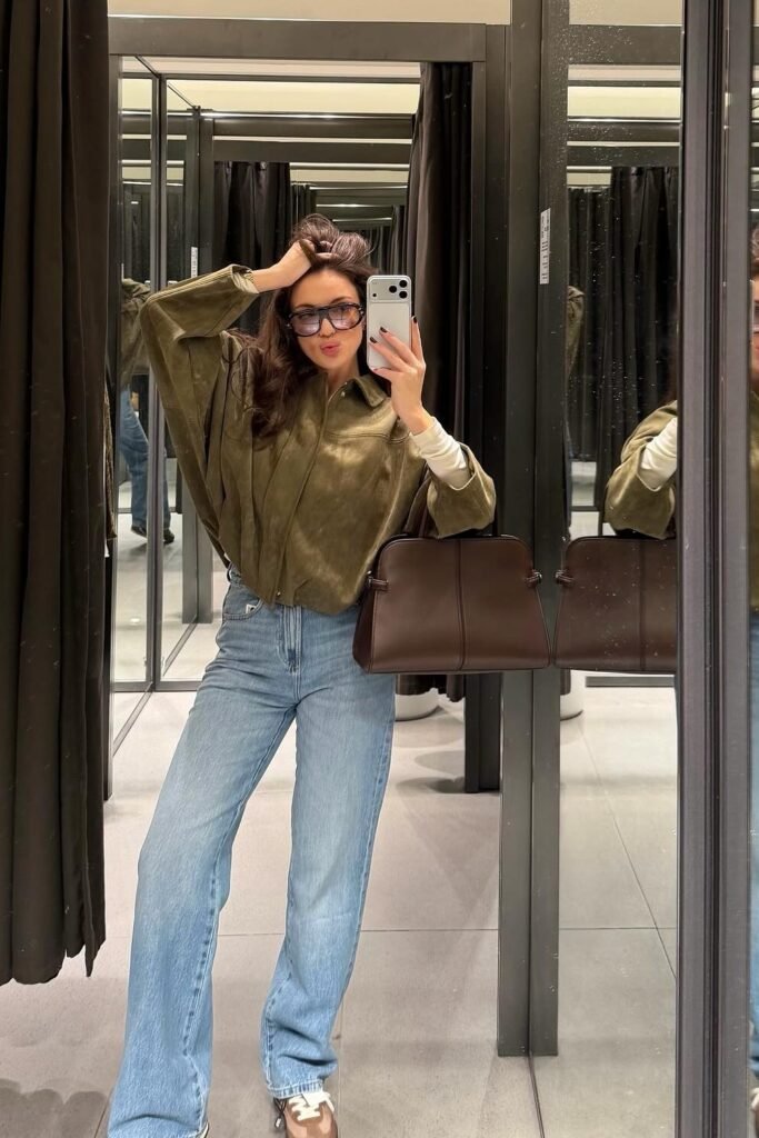 Olive Suede Blouse + Light Wash Wide-Leg Jeans + White and Brown Sneakers