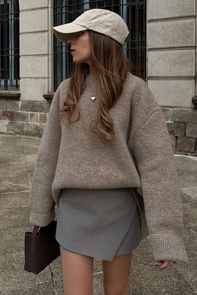 Oversized Beige Sweater + Grey Wrap Mini Skirt + Beige Baseball Cap + Silver Heart Necklace