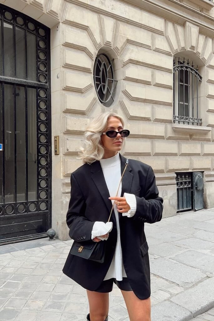 Oversized Black Blazer + White High-Neck Sweater + Black Shorts + Black Cat-Eye Sunglasses