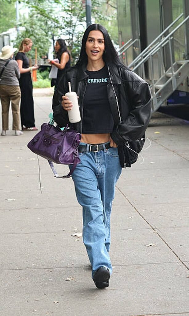 Oversized Black Leather Jacket + Light Wash Baggy Jeans + Black Crop Top