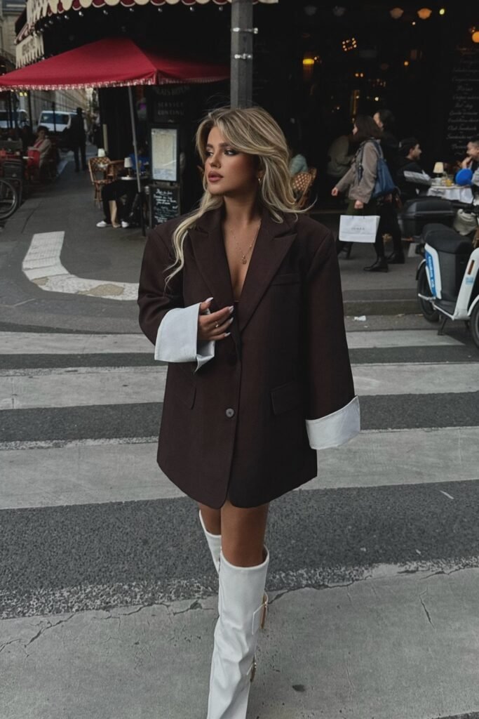 Oversized Brown Blazer with White Cuffs + White High Knee Boots