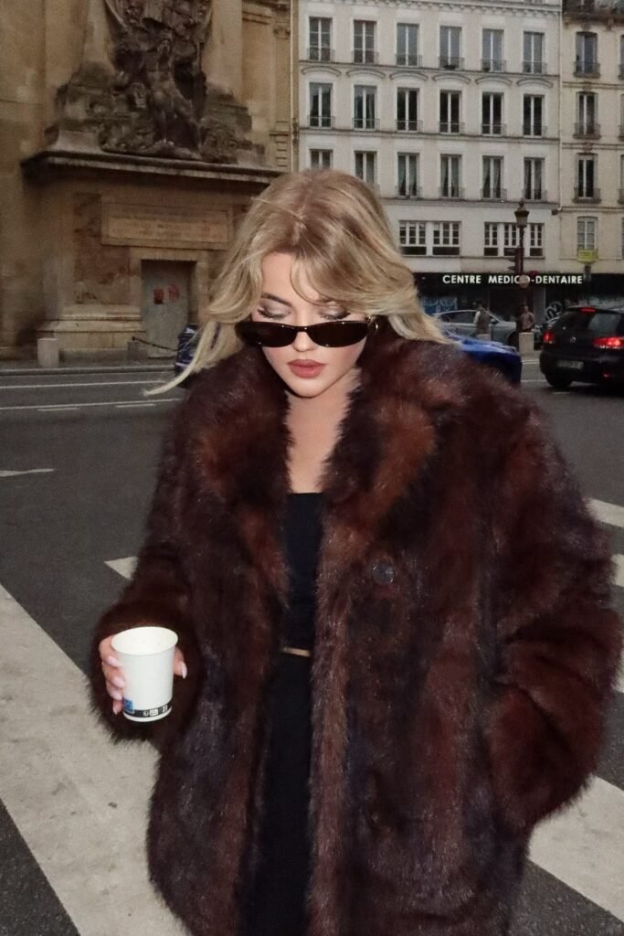 Oversized Brown Faux Fur Coat + Black Top + Black Sunglasses