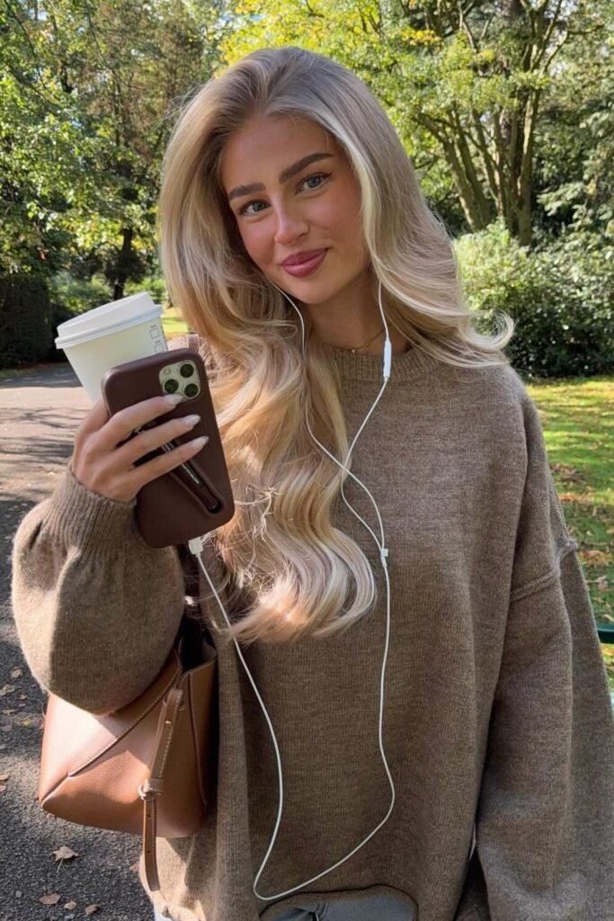 Oversized Brown Knit Sweater + White Earbuds