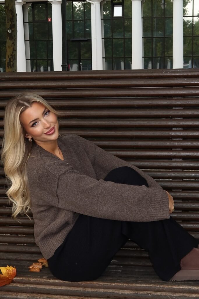 Oversized Brown V-Neck Sweater + Black Wide-Leg Knit Pants
