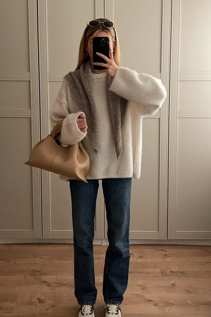 Oversized Cream Fuzzy Sweater + Dark Wash Straight-Leg Jeans + Neutral Scarf