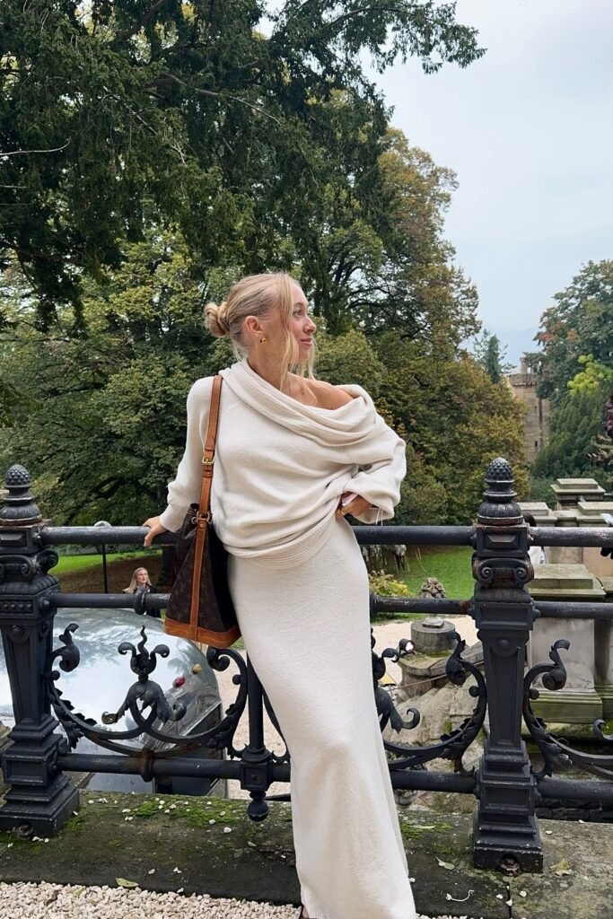Oversized Cream Off-the-Shoulder Knit Top + Matching Cream Knit Maxi Skirt + Gold Earrings
