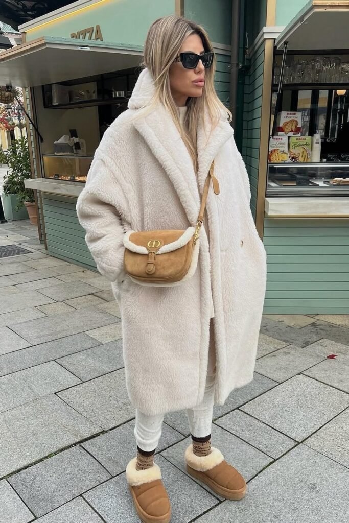 Oversized Cream Teddy Bear Coat + Cream Knit Turtleneck and Leggings + Tan Slipper Mules + Tan and Cream Crossbody Bag