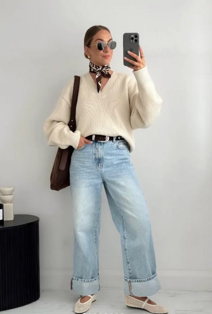 Oversized Cream V-Neck Sweater + Wide-Leg Cuffed Jeans + Checked Neck Scarf + White Mesh Flats