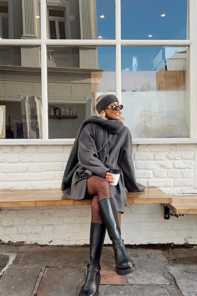 Oversized Dark Grey Coat/Blazer + Dark Grey Scarf + Dark Grey Beanie + Sheer Black Polka Dot Tights + Black Chunky Knee-High Boots