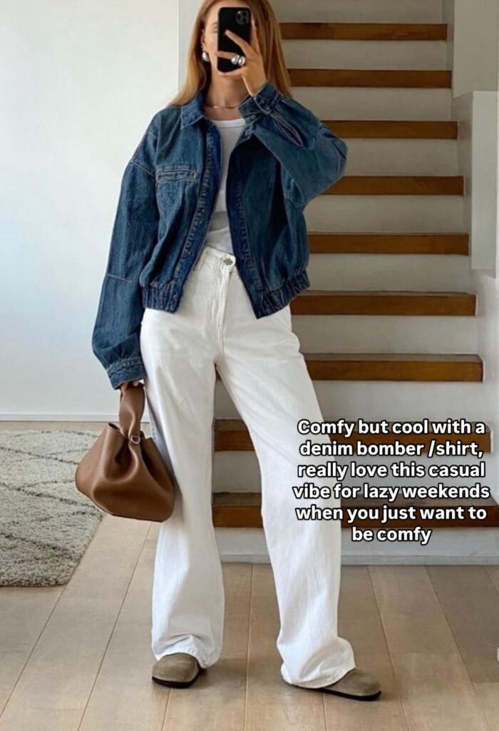 Oversized Denim Bomber Jacket + White T-shirt + White Wide-Leg Jeans + Brown Mini Bag