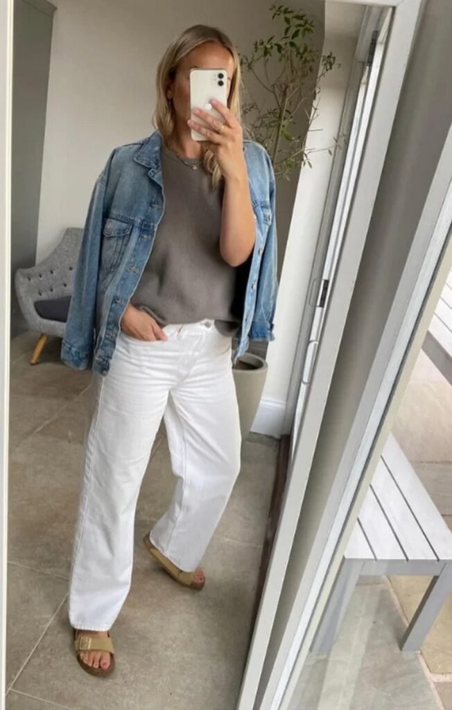 Oversized Denim Jacket + Grey Knit T-shirt + White Wide-Leg Jeans + Tan Two-Strap Sandals