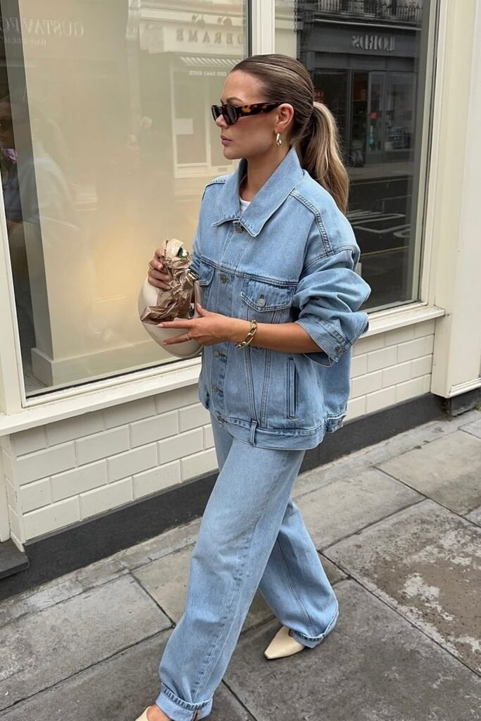 Oversized Denim Jacket + Light Wash Wide-Leg Jeans + Cream Heels + Tortoiseshell Sunglasses