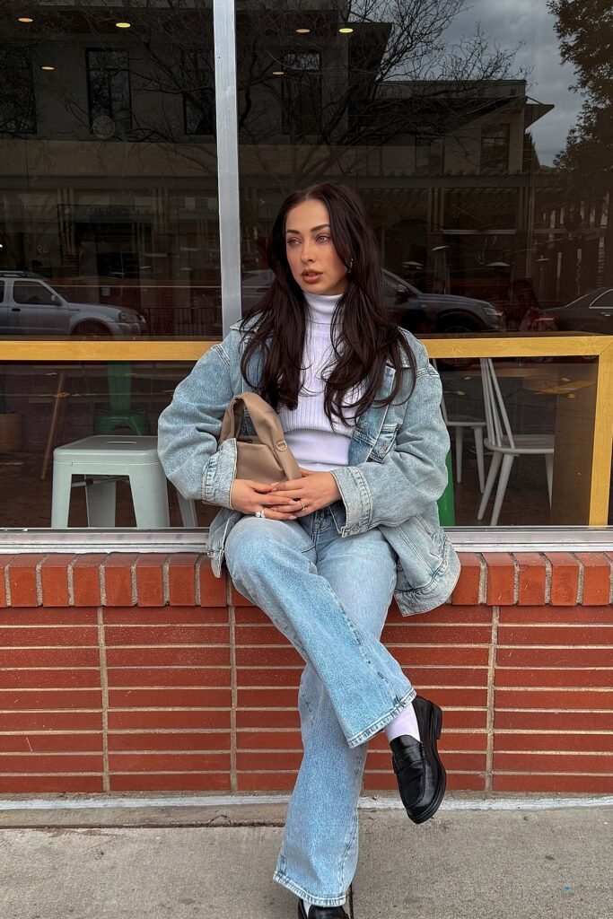 Oversized Denim Jacket + White Turtleneck + Light Wash Straight Jeans + Black Loafers