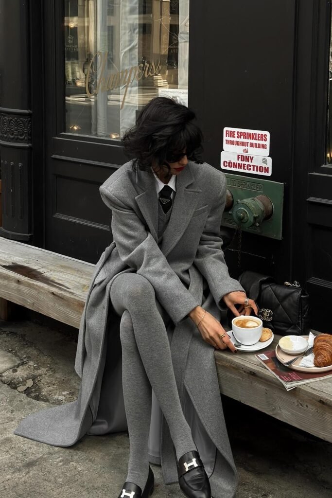 Oversized Grey Long Coat + Matching Grey Tights + Black Loafers + White Shirt and Tie