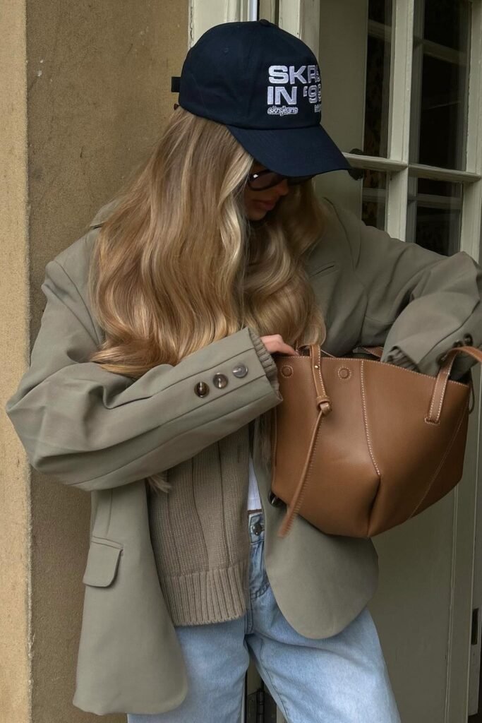 Oversized Khaki Blazer + Beige Knit Vest + Light Wash Jeans + Black Baseball Cap